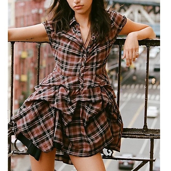 BDG Max Plaid Mini Dress Ruffled Skirt Button Front Short Sleeve Burgundy Size S - Picture 5 of 9